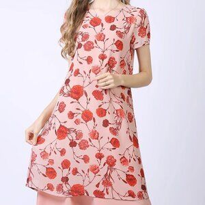 Short sleeve red printed chiffon dress new long skirt woman